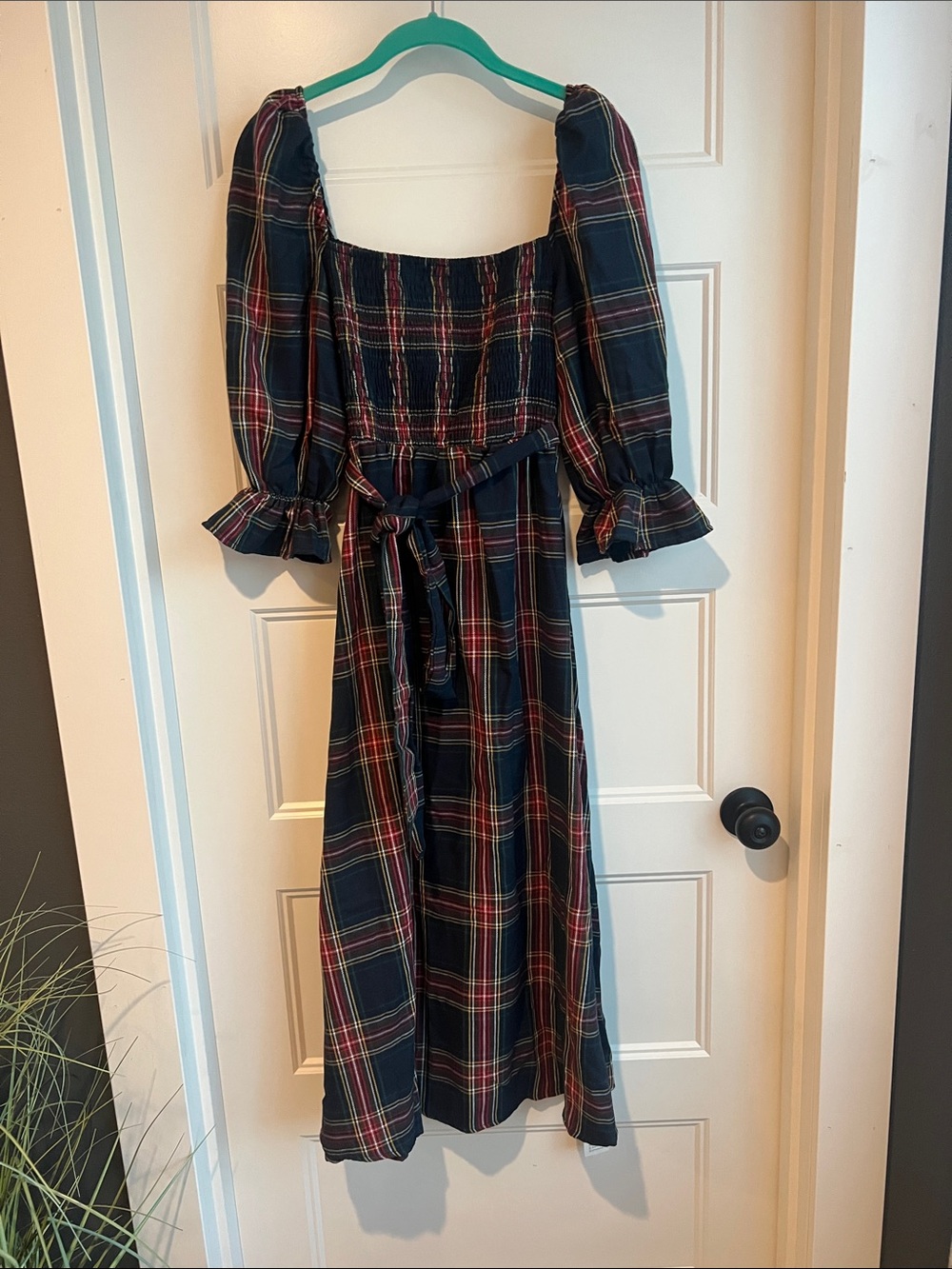 Cupshe Navy Plaid Midi Dress with Red and Cream Accents